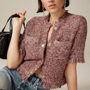 J. Crew Red Tweed Fringe Short-Sleeve Jacket